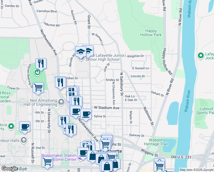 map of restaurants, bars, coffee shops, grocery stores, and more near 901 Vine Street in West Lafayette