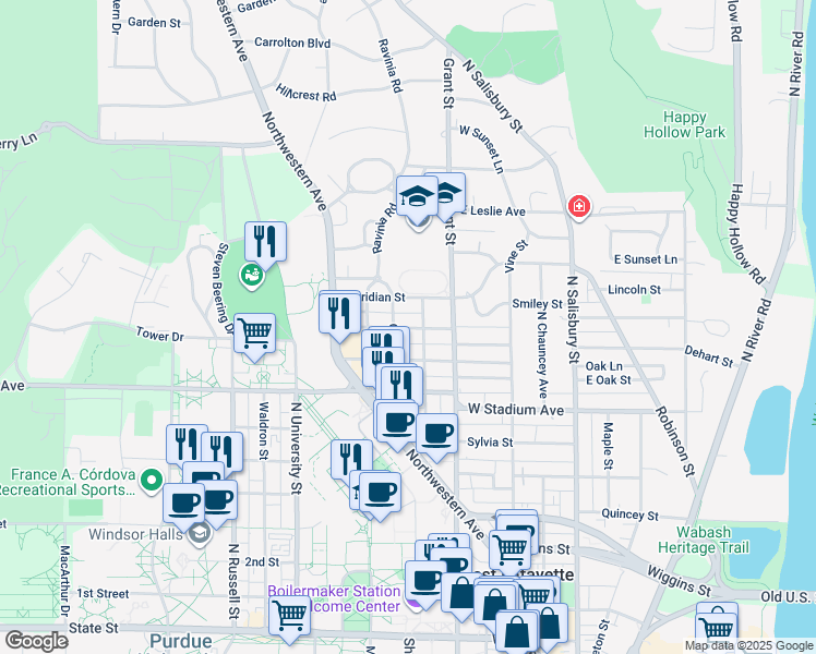 map of restaurants, bars, coffee shops, grocery stores, and more near 603 Meridian Street in West Lafayette
