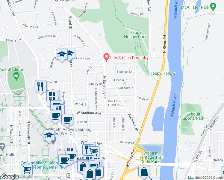 map of restaurants, bars, coffee shops, grocery stores, and more near 127 Connolly Street in West Lafayette