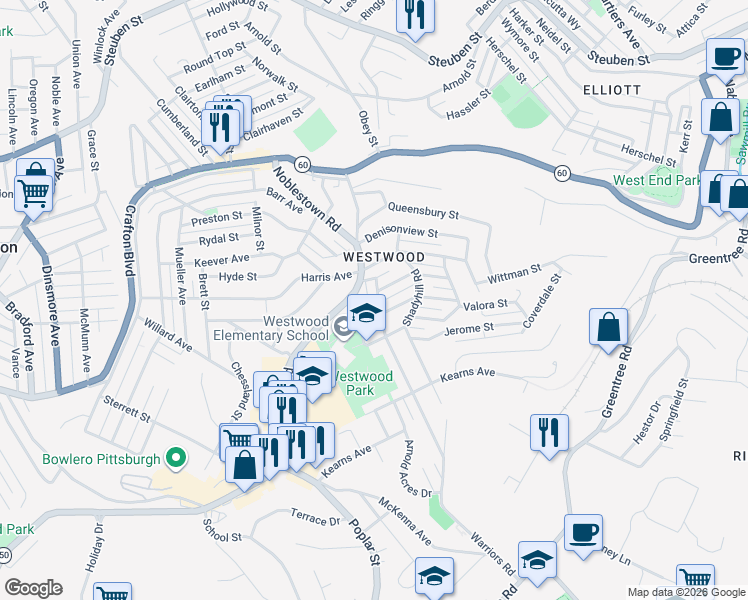 map of restaurants, bars, coffee shops, grocery stores, and more near 527 Oxford Street in Pittsburgh