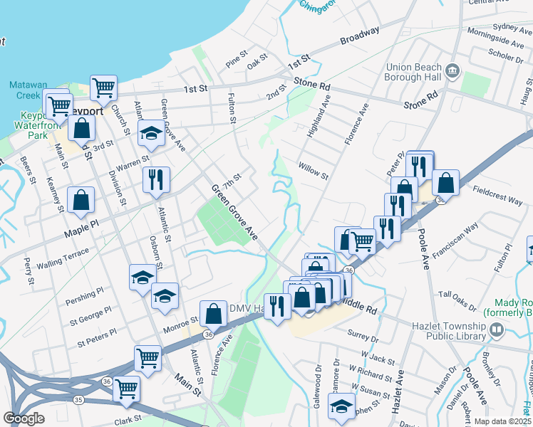 map of restaurants, bars, coffee shops, grocery stores, and more near 99 Green Grove Avenue in Keyport