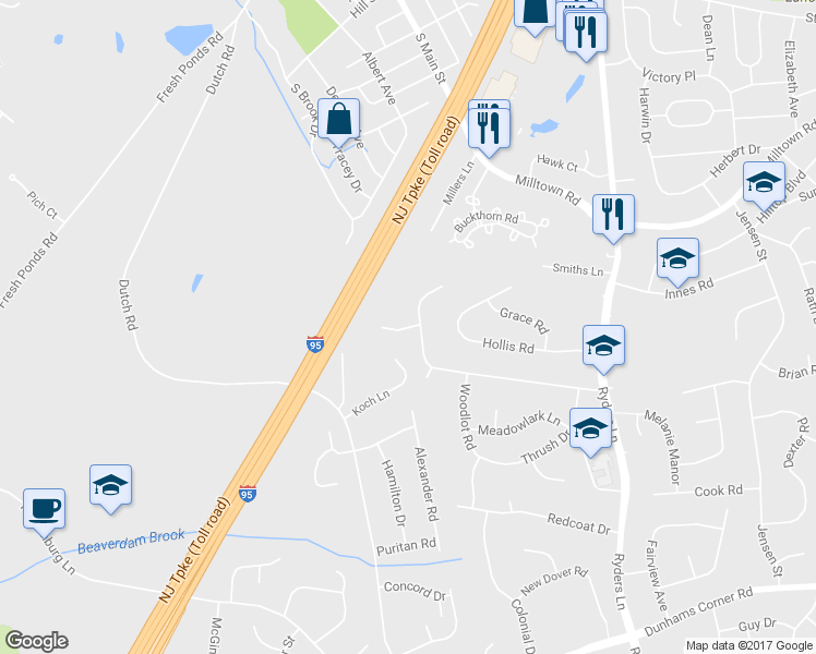 map of restaurants, bars, coffee shops, grocery stores, and more near 3 Persimmon Court in East Brunswick