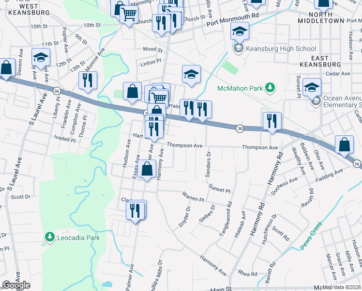 map of restaurants, bars, coffee shops, grocery stores, and more near 42 New Jersey 36 in North Middletown