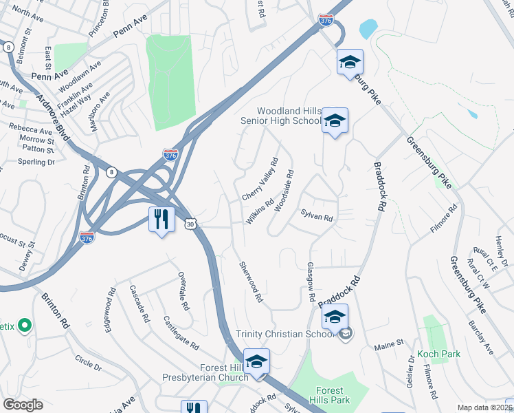 map of restaurants, bars, coffee shops, grocery stores, and more near 113 Cherry Valley Road in Pittsburgh