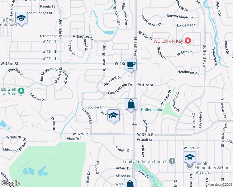map of restaurants, bars, coffee shops, grocery stores, and more near 4080 Georgetown Drive in Loveland