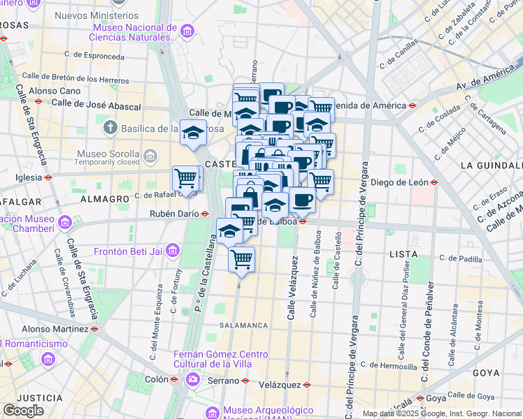 map of restaurants, bars, coffee shops, grocery stores, and more near 123 Calle de Claudio Coello in Madrid