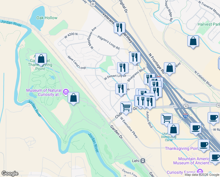 map of restaurants, bars, coffee shops, grocery stores, and more near 3223 West Prairie Grass Drive in Lehi