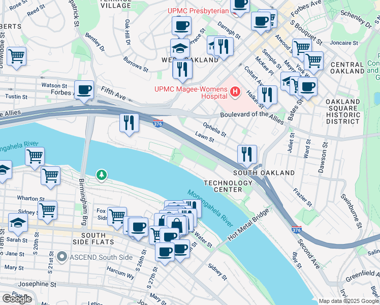 map of restaurants, bars, coffee shops, grocery stores, and more near in Pittsburgh