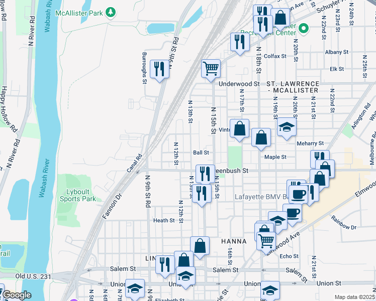 map of restaurants, bars, coffee shops, grocery stores, and more near 1600 North 13th Street in Lafayette