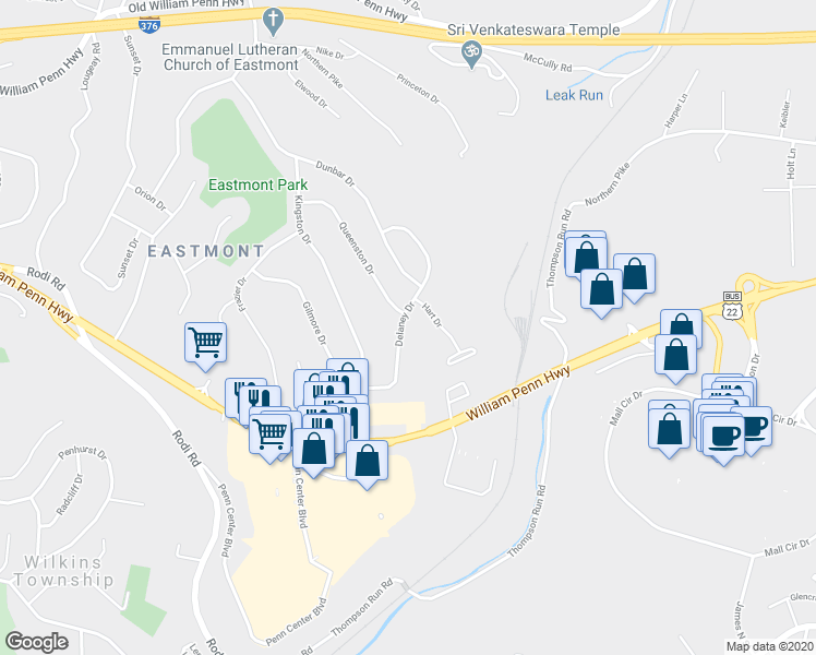 map of restaurants, bars, coffee shops, grocery stores, and more near 204 Delaney Drive in Pittsburgh