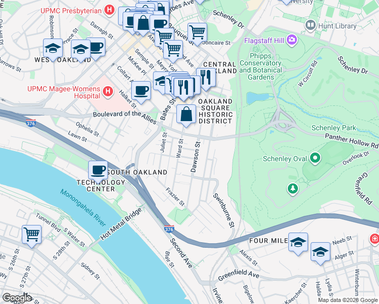 map of restaurants, bars, coffee shops, grocery stores, and more near 3328 Ward Street in Pittsburgh