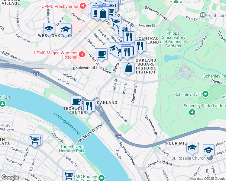 map of restaurants, bars, coffee shops, grocery stores, and more near 3326 Juliet Street in Pittsburgh
