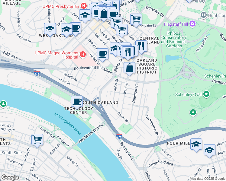 map of restaurants, bars, coffee shops, grocery stores, and more near 3326 Juliet Street in Pittsburgh