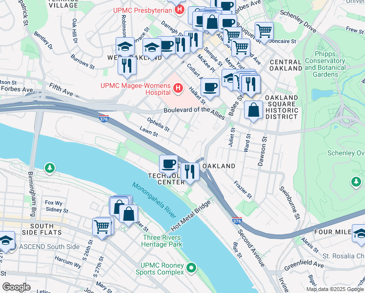 map of restaurants, bars, coffee shops, grocery stores, and more near 3201 Niagara Street in Pittsburgh