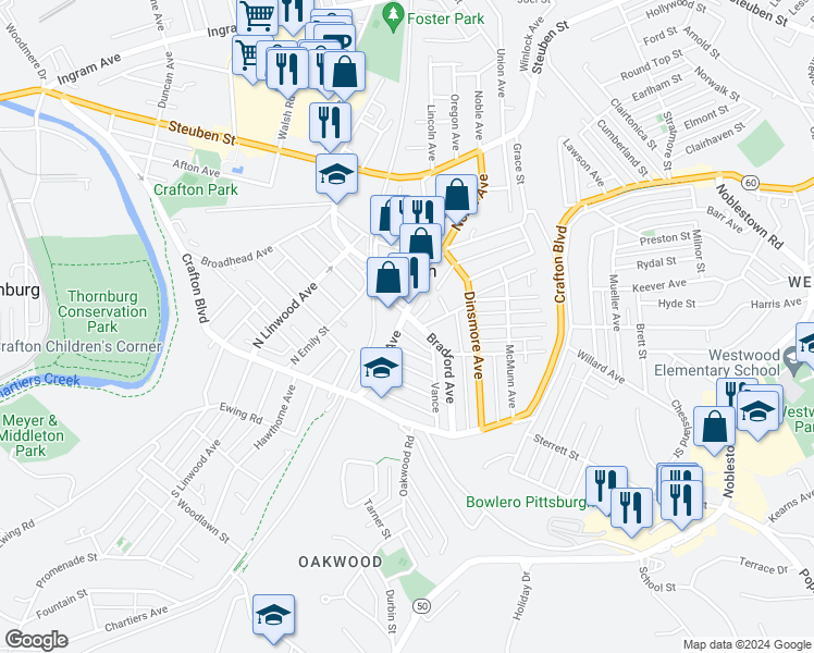 map of restaurants, bars, coffee shops, grocery stores, and more near 98 Noble Avenue in Pittsburgh