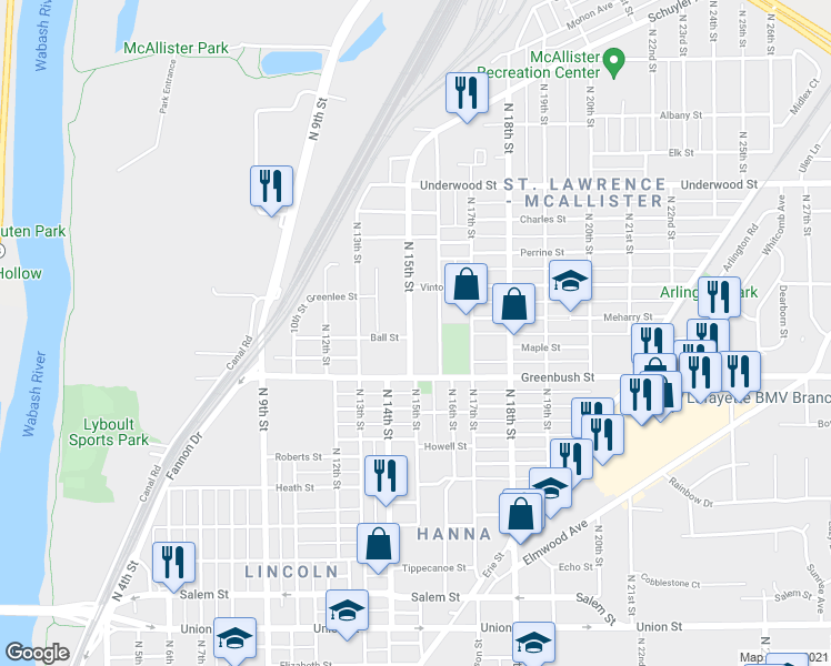 map of restaurants, bars, coffee shops, grocery stores, and more near 1628 North 15th Street in Lafayette