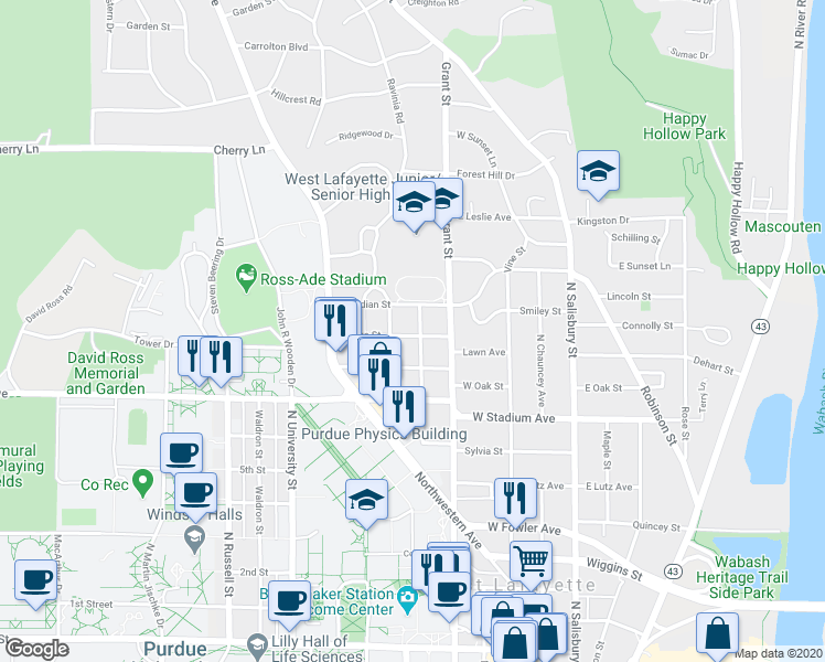 map of restaurants, bars, coffee shops, grocery stores, and more near 421 Meridian Street in West Lafayette