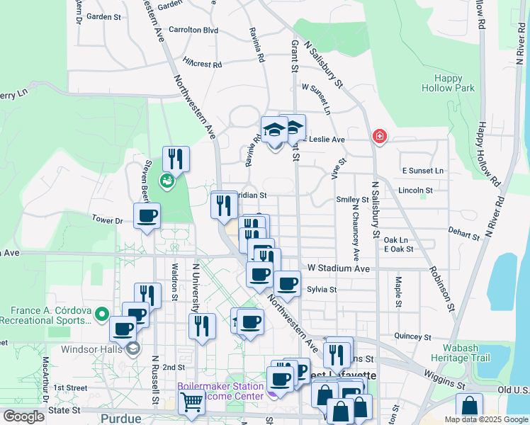 map of restaurants, bars, coffee shops, grocery stores, and more near in West Lafayette