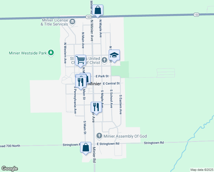 map of restaurants, bars, coffee shops, grocery stores, and more near 205 East Central Street in Minier