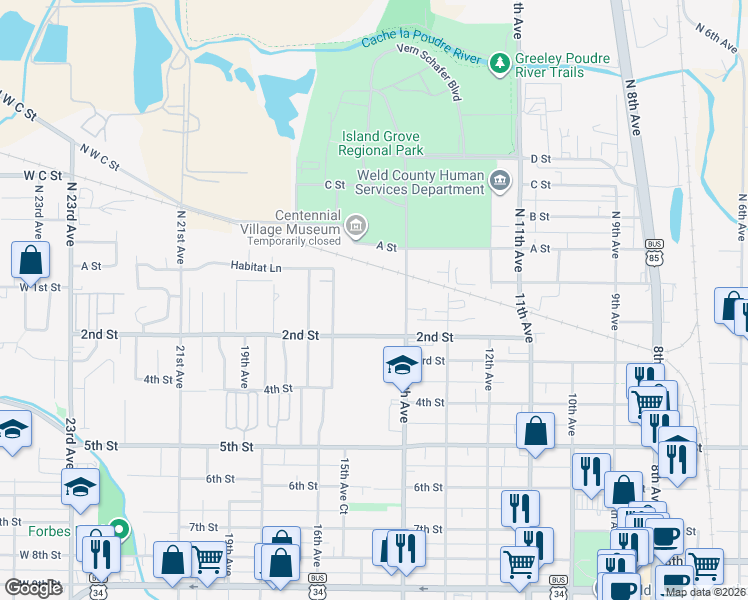 map of restaurants, bars, coffee shops, grocery stores, and more near 119 14th Avenue in Greeley