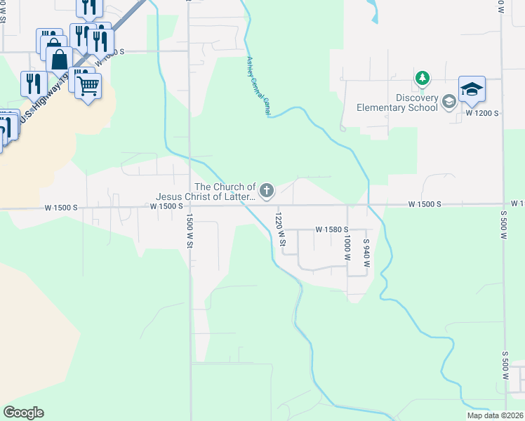 map of restaurants, bars, coffee shops, grocery stores, and more near 1273 West 1500 South in Vernal
