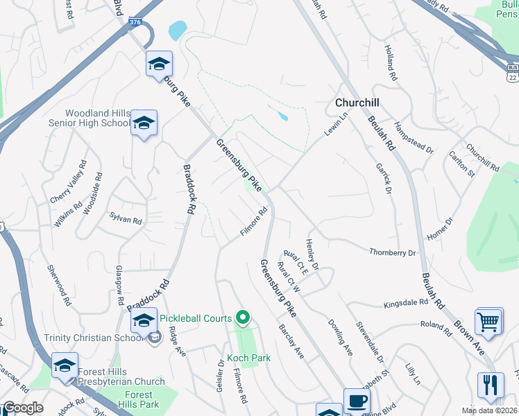 map of restaurants, bars, coffee shops, grocery stores, and more near 715 Filmore Road in Pittsburgh