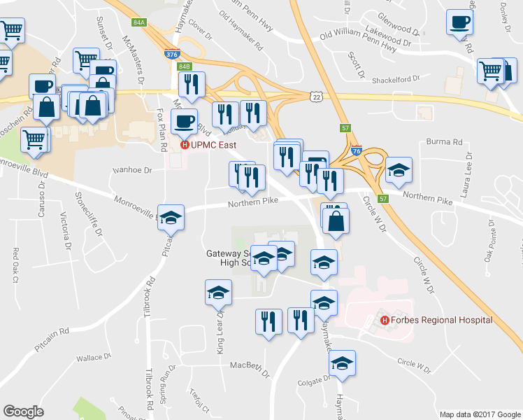 map of restaurants, bars, coffee shops, grocery stores, and more near 4258 Northern Pike in Monroeville