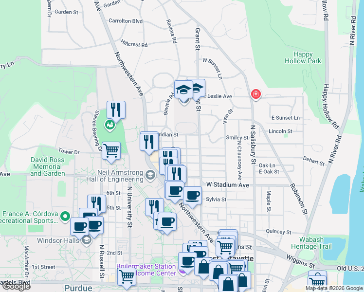 map of restaurants, bars, coffee shops, grocery stores, and more near 421 Meridian Street in West Lafayette