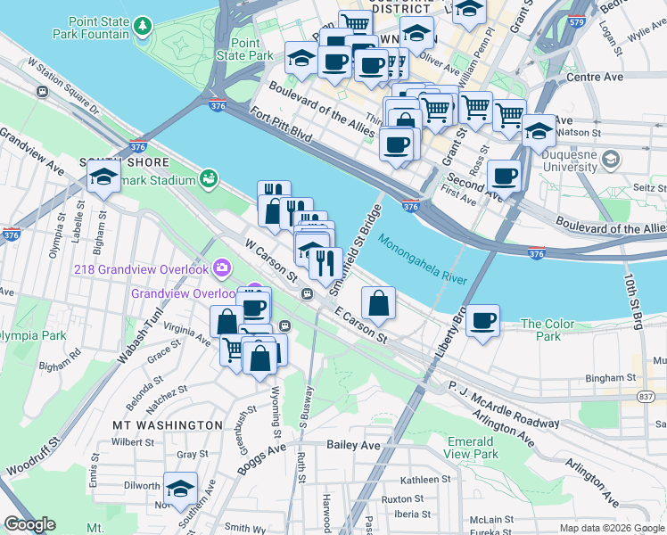 map of restaurants, bars, coffee shops, grocery stores, and more near 226 West Station Square Drive in Pittsburgh