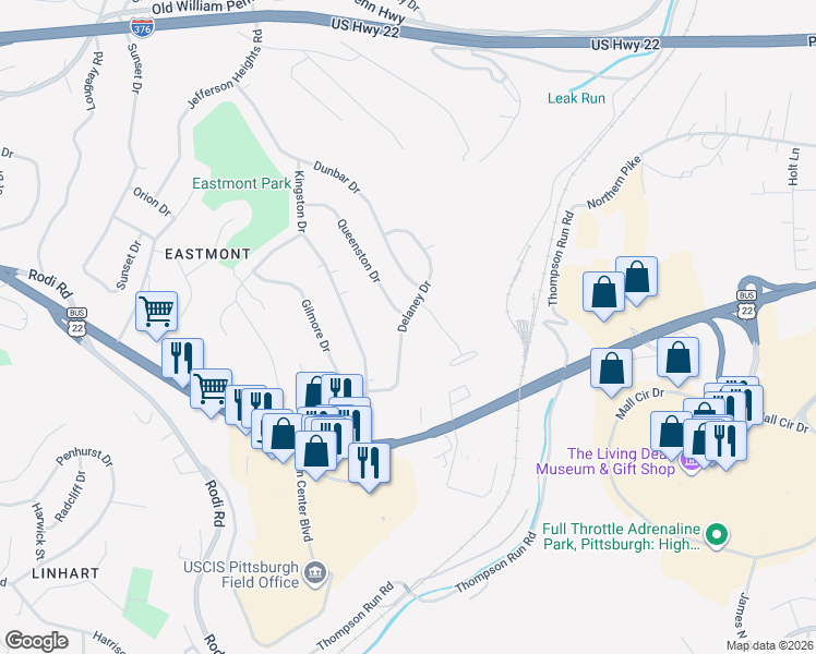 map of restaurants, bars, coffee shops, grocery stores, and more near 204 Delaney Drive in Pittsburgh