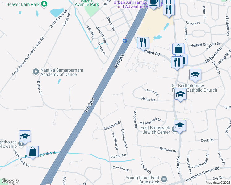 map of restaurants, bars, coffee shops, grocery stores, and more near 3 Persimmon Court in East Brunswick