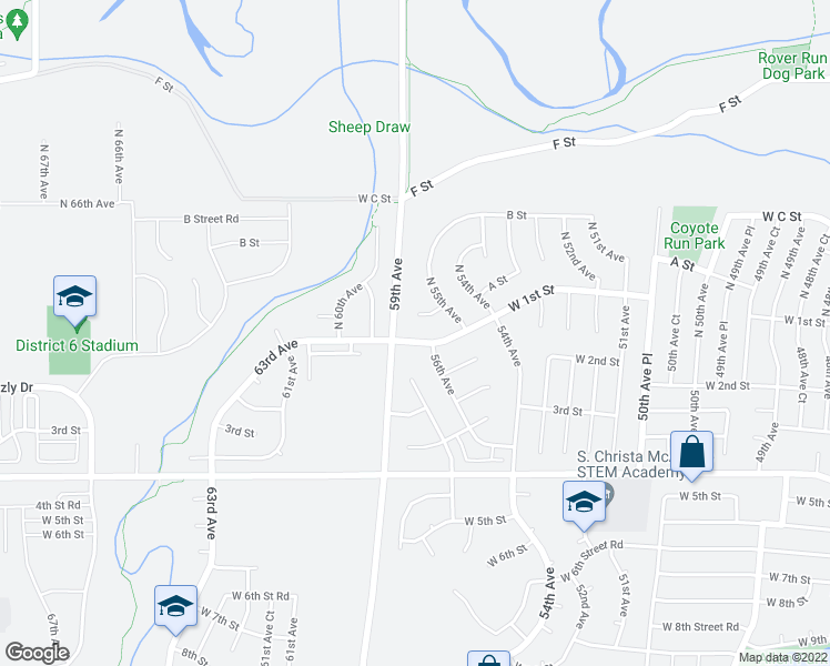 map of restaurants, bars, coffee shops, grocery stores, and more near 5519 West A Street in Greeley
