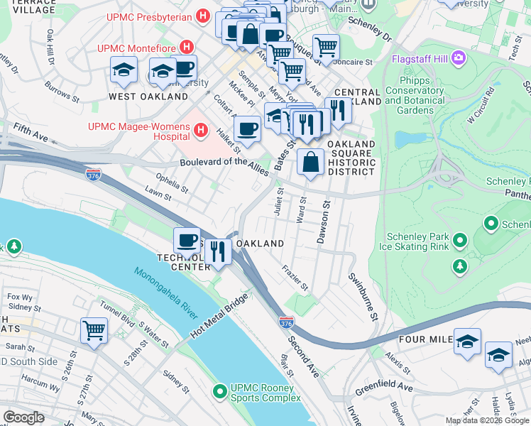 map of restaurants, bars, coffee shops, grocery stores, and more near 269 Bates Street in Pittsburgh