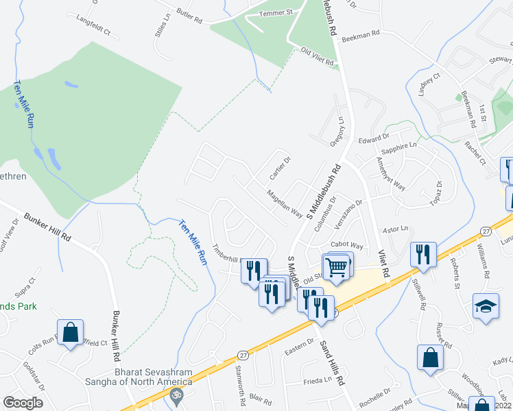 map of restaurants, bars, coffee shops, grocery stores, and more near 27 Champlain Way in Franklin Park