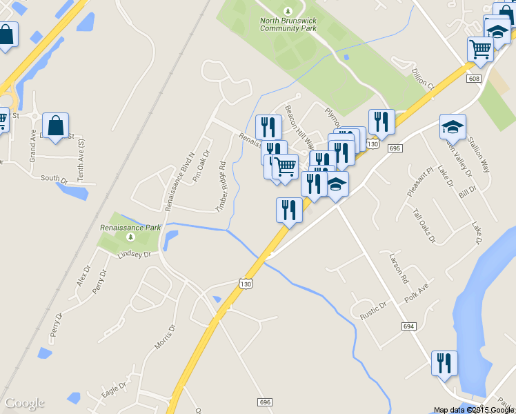 map of restaurants, bars, coffee shops, grocery stores, and more near 726 Lisa Place in North Brunswick