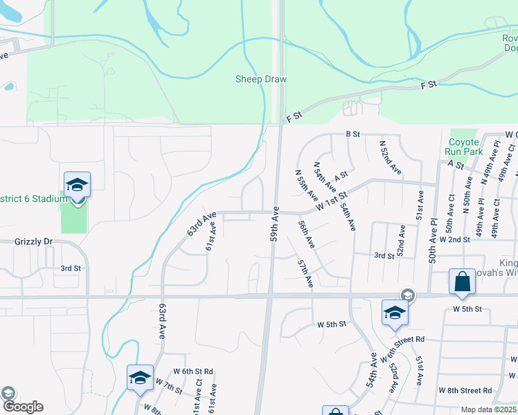 map of restaurants, bars, coffee shops, grocery stores, and more near 145 North 59th Avenue Court in Greeley