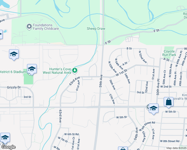 map of restaurants, bars, coffee shops, grocery stores, and more near 145 North 59th Avenue Court in Greeley