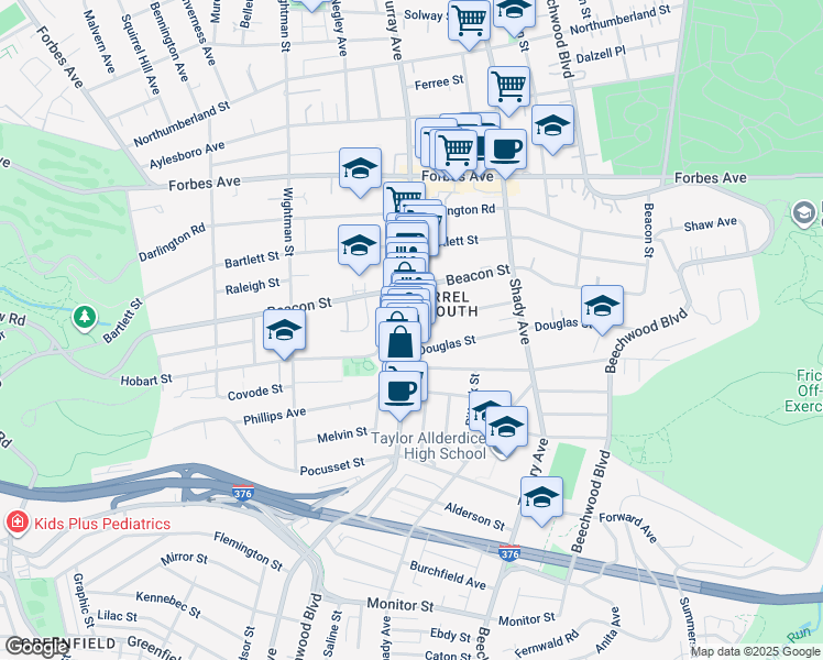 map of restaurants, bars, coffee shops, grocery stores, and more near 2024 Murray Avenue in Pittsburgh