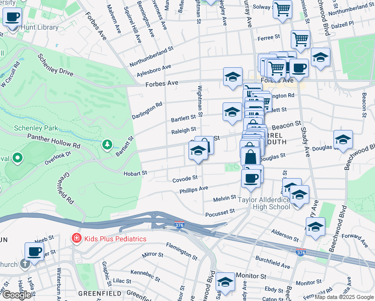 map of restaurants, bars, coffee shops, grocery stores, and more near 5539 Beacon Street in Pittsburgh