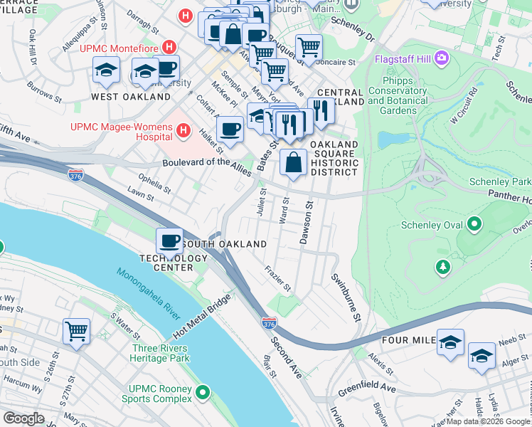 map of restaurants, bars, coffee shops, grocery stores, and more near 3326 Juliet Street in Pittsburgh