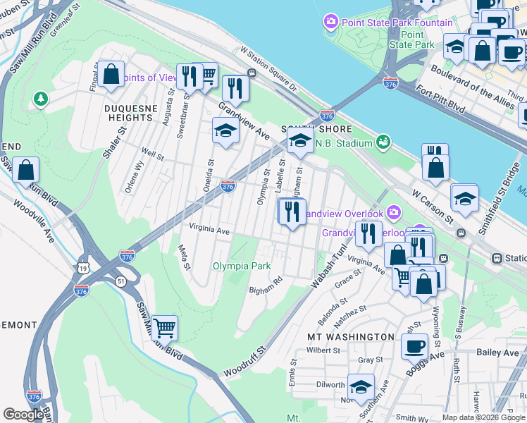 map of restaurants, bars, coffee shops, grocery stores, and more near 224 Olympia Street in Pittsburgh