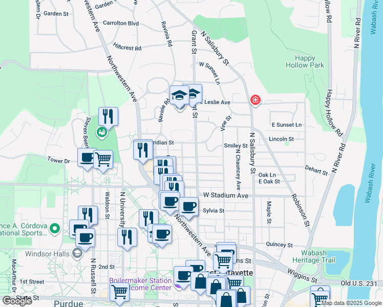 map of restaurants, bars, coffee shops, grocery stores, and more near 421 Meridian Street in West Lafayette