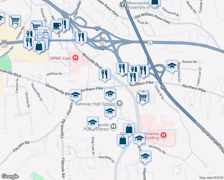 map of restaurants, bars, coffee shops, grocery stores, and more near 4258 Northern Pike in Monroeville