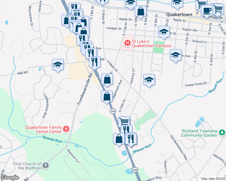 map of restaurants, bars, coffee shops, grocery stores, and more near 316 Edgemont Avenue in Quakertown