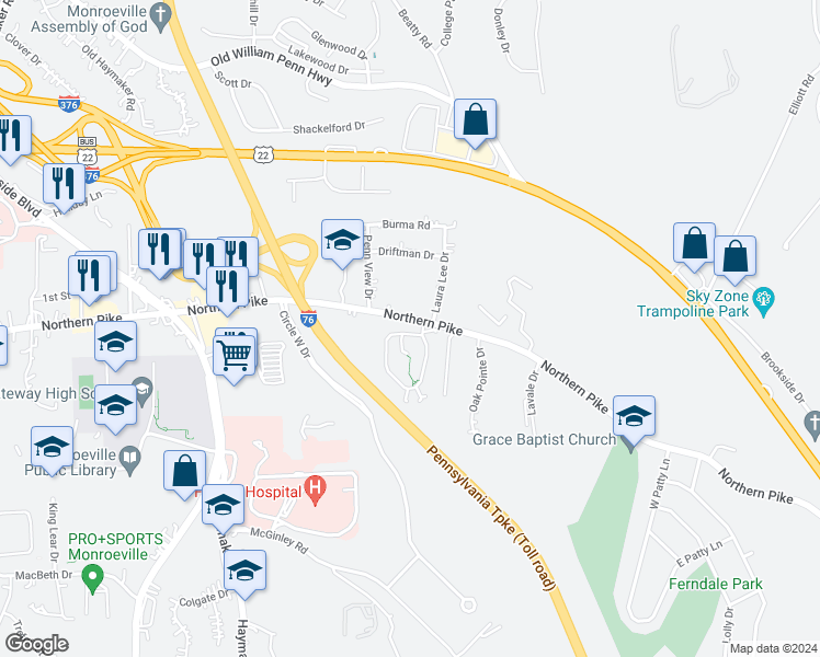 map of restaurants, bars, coffee shops, grocery stores, and more near 204 Berkeley Way in Monroeville