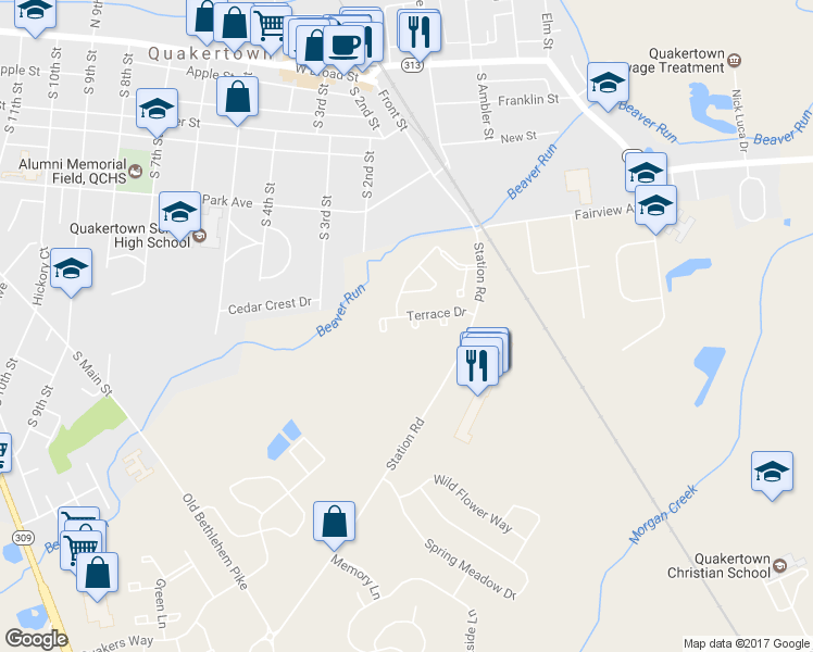 map of restaurants, bars, coffee shops, grocery stores, and more near 707 Waterway Court in Quakertown