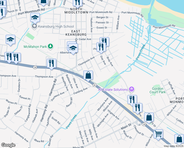 map of restaurants, bars, coffee shops, grocery stores, and more near 44 Dakota Avenue in North Middletown