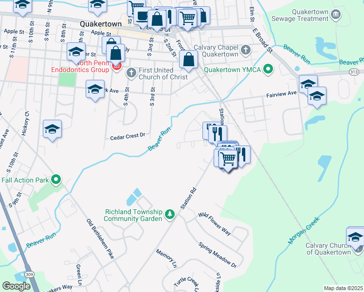 map of restaurants, bars, coffee shops, grocery stores, and more near 729 Waterway Court in Quakertown