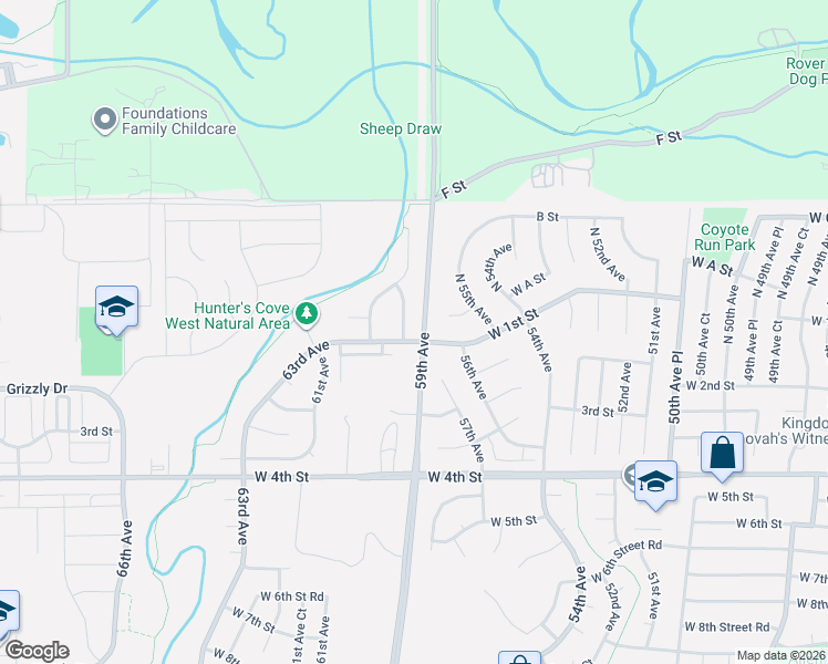 map of restaurants, bars, coffee shops, grocery stores, and more near 5519 West A Street in Greeley