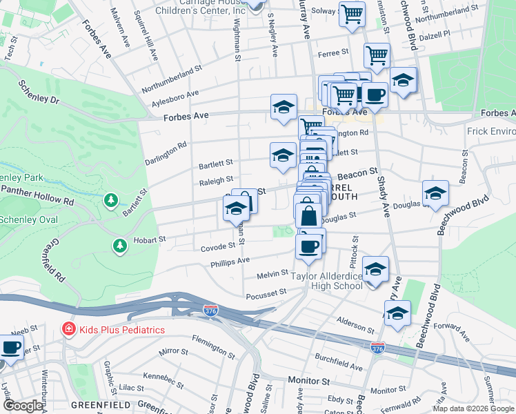 map of restaurants, bars, coffee shops, grocery stores, and more near 5640 Beacon Street in Pittsburgh